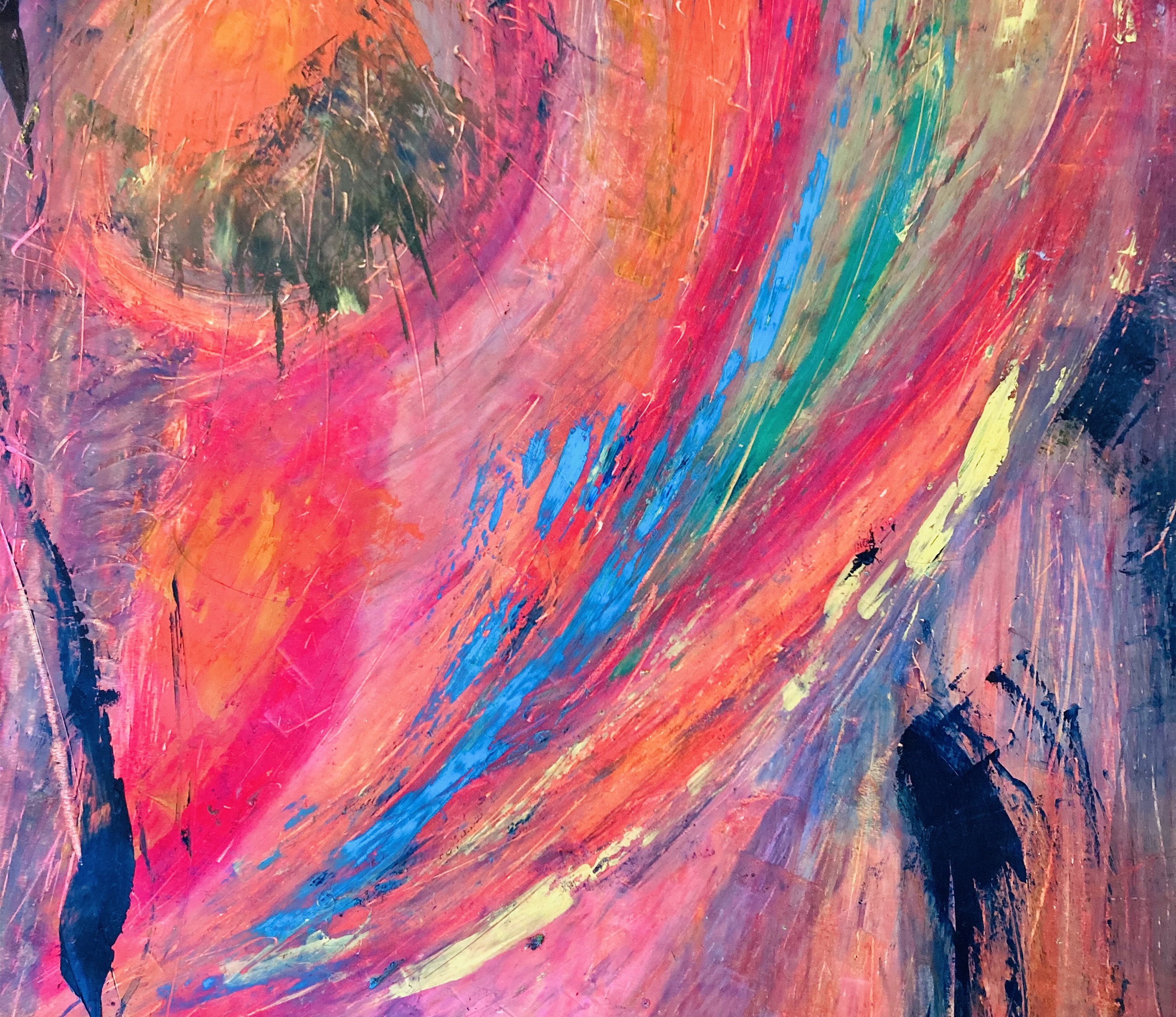 Abstract painting featuring vibrant colors and dynamic brush strokes